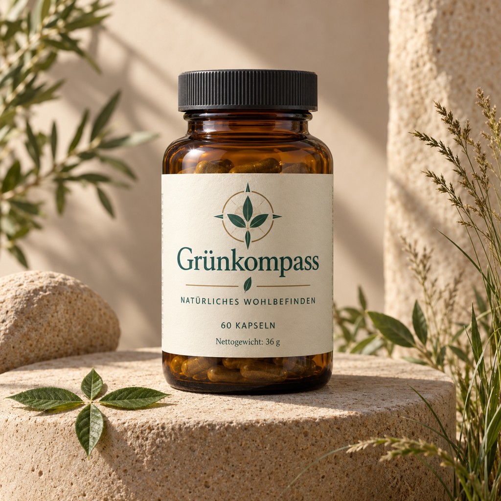 Grünkompass in einer Produktaufnahme mit lesbarem Etikett